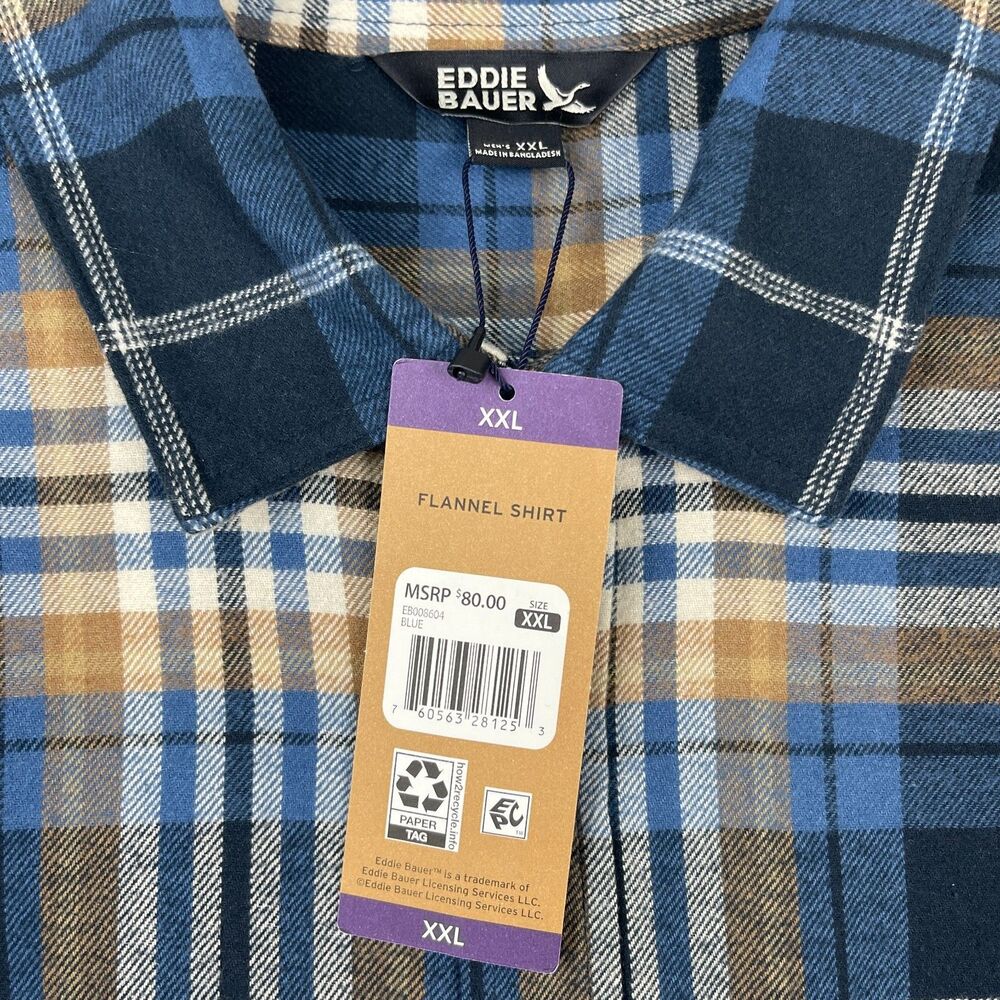 Eddie Bauer Men’s Flannel Shirt XXL Blue Brown Plaid Long Sleeve Button-Up NWT - Picture 10 of 11